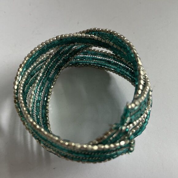 Vintage Beaded Wide Cuff Bracelet Turquoise/Silver Stretch 1.5" Wide - Picture 6 of 6
